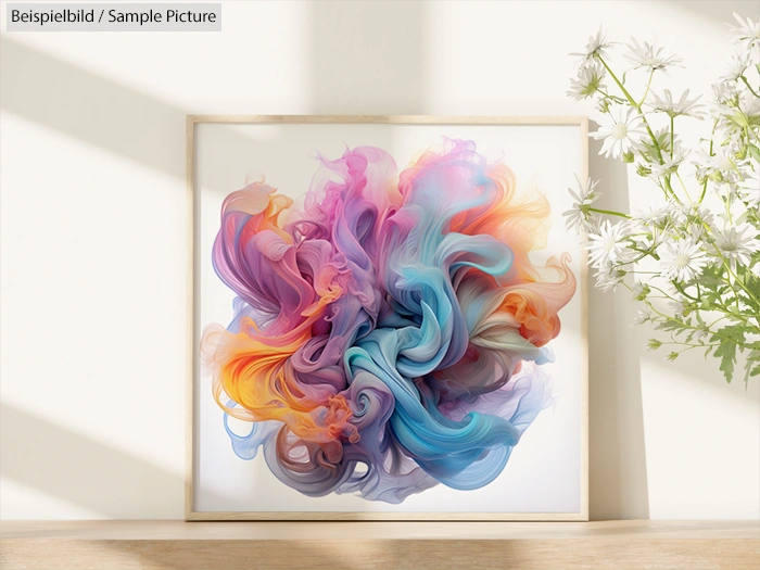 Colorful abstract painting with swirling pink, blue, and orange shapes, framed and placed on a sunlit shelf.