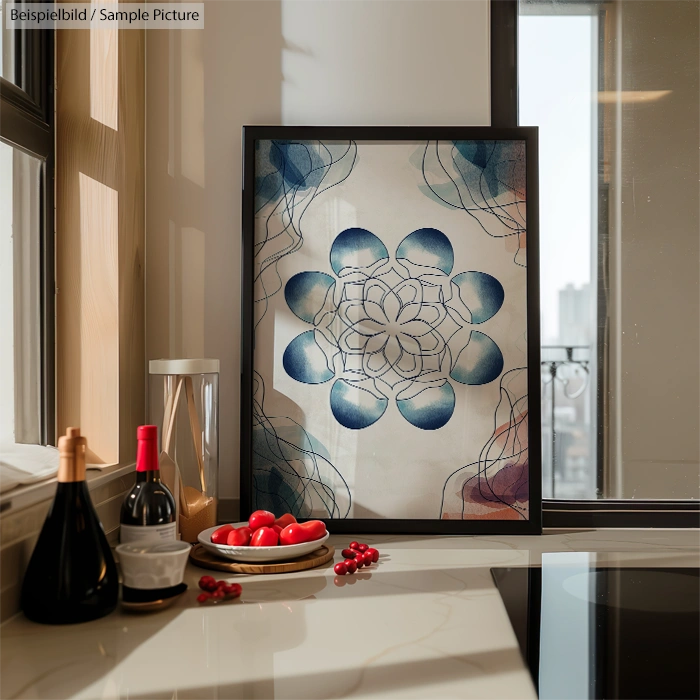 Framed blue and white abstract floral art on kitchen counter with wine, glasses, and tomatoes.