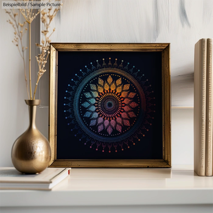 Framed colorful mandala art on a shelf with a vase and books, set against a neutral wall background.