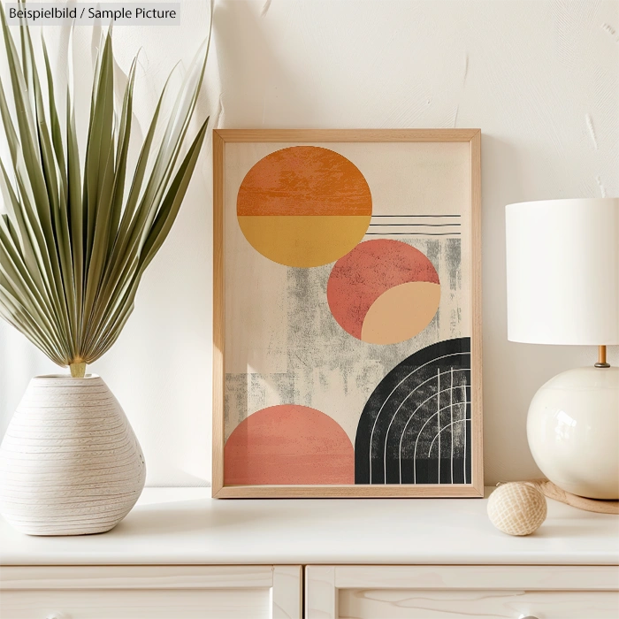 Framed geometric art print with circles and arches in warm tones next to a plant and modern lamp on a white surface.