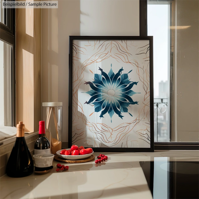 Modern kitchen interior with a framed abstract flower artwork, wine bottles, and a bowl of apples on a marble countertop.