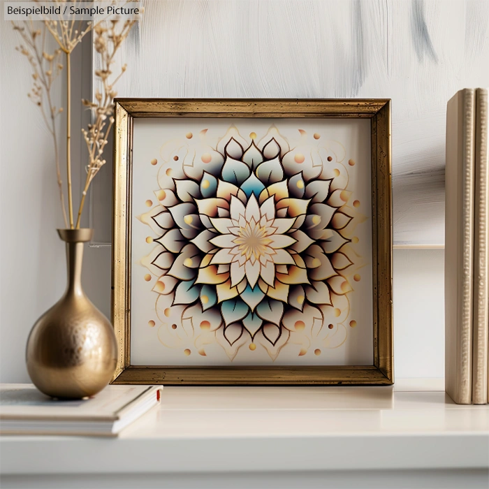 Framed mandala artwork with intricate leaf patterns, displayed on a white shelf beside a golden vase and books.