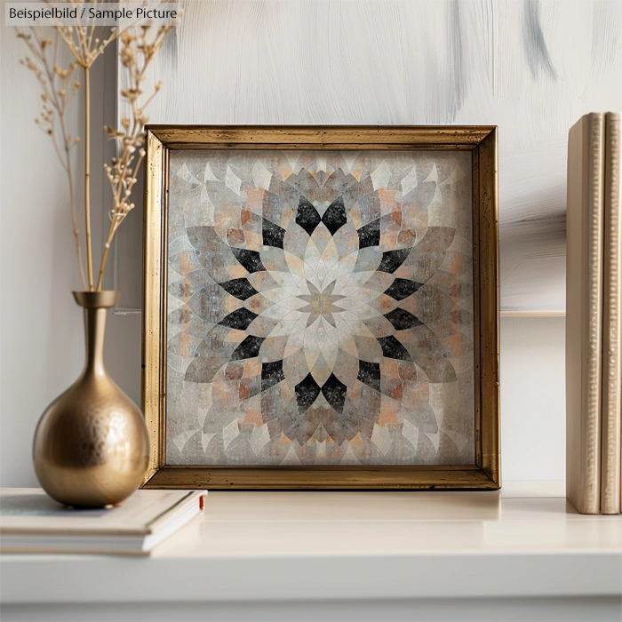 Framed geometric mandala art on a shelf with a decorative vase and books.