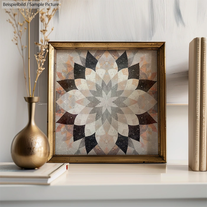 Framed geometric art print with layered flower design in neutral tones on a shelf, next to a vase and books.