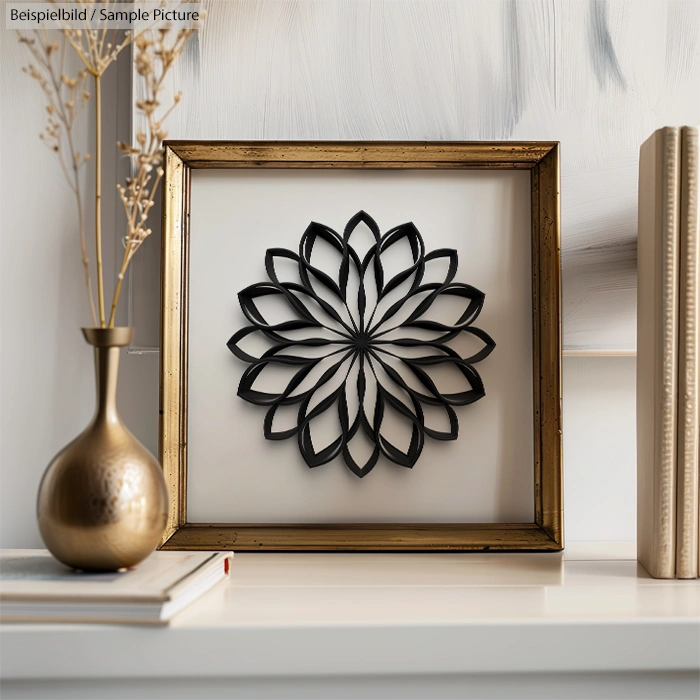 Decorative geometric artwork in gold frame on shelf with vase and books.