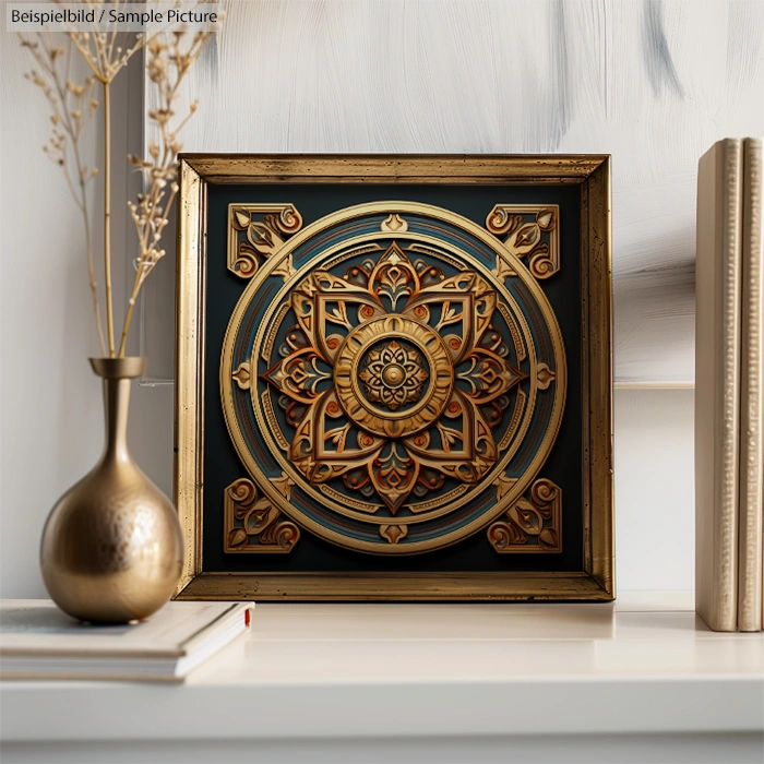 Intricate gold mandala artwork in a gold frame on a white shelf with books and a decorative vase.