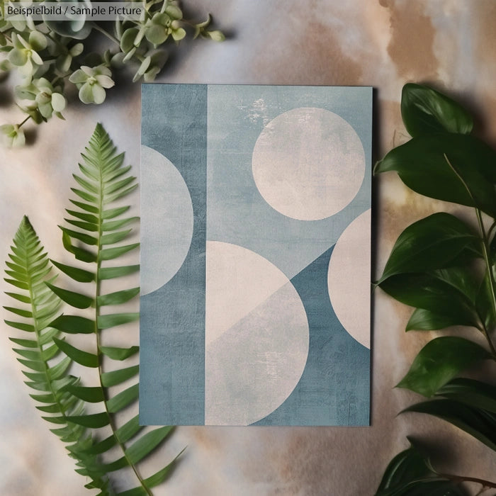 Abstract geometric artwork with overlapping white circles on a blue background, surrounded by green leaves on marble surface.