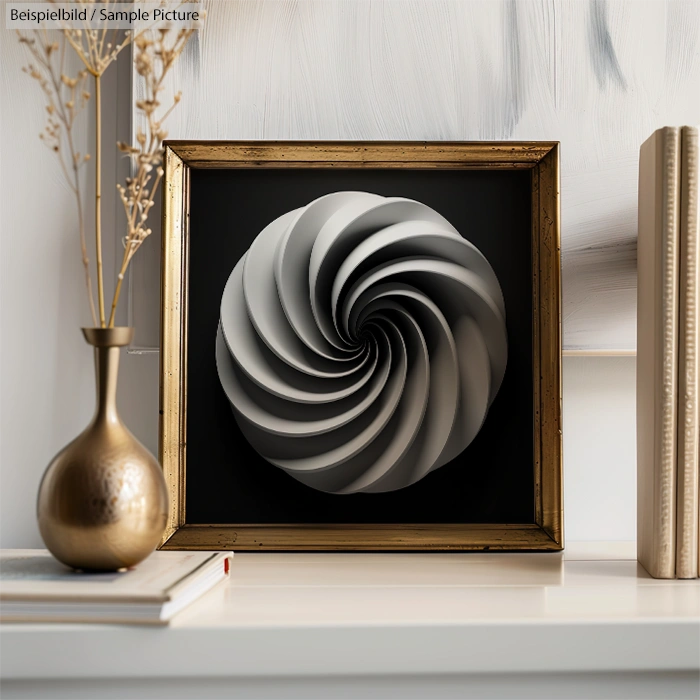 Framed abstract sculpture with spiral design, set on a shelf with books and a vase for decoration.