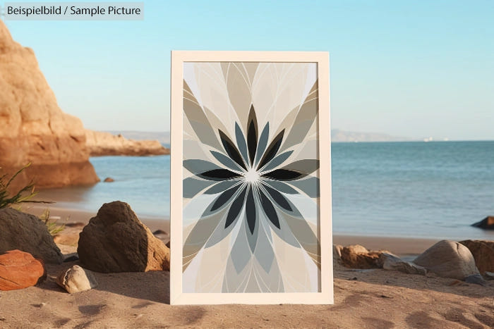 Abstract geometric art with symmetrical petal design in beach setting with rocks and ocean background.