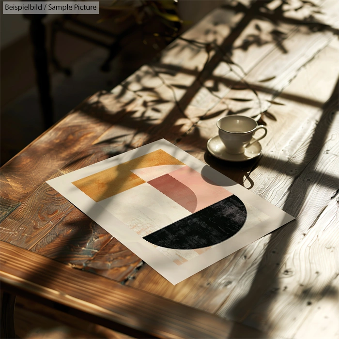 Abstract art print on wooden table in sunlight with cup of coffee nearby.