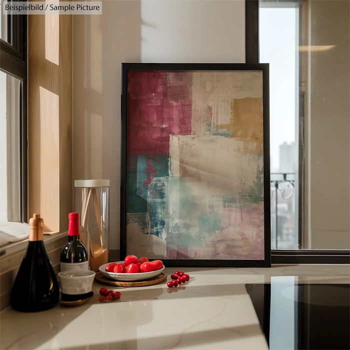 Modern kitchen with abstract painting, wine bottles, and tomatoes on a marble countertop.