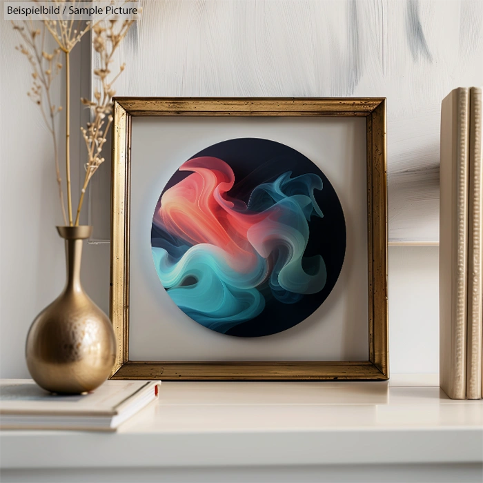 Modern art print with swirling red, blue, and teal colors in a circular frame, placed on a white shelf with books and a vase.