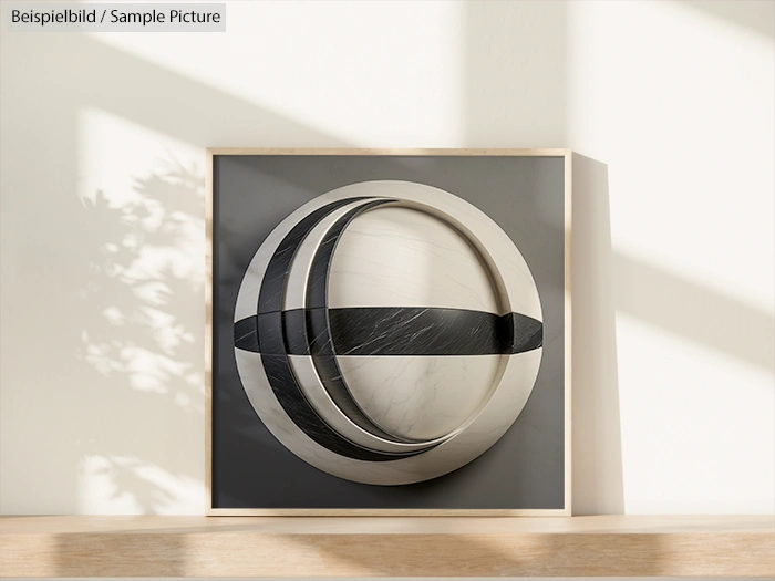 Framed abstract art with 3D geometric sphere in grayscale tones on a wooden shelf, shadowed by window light.