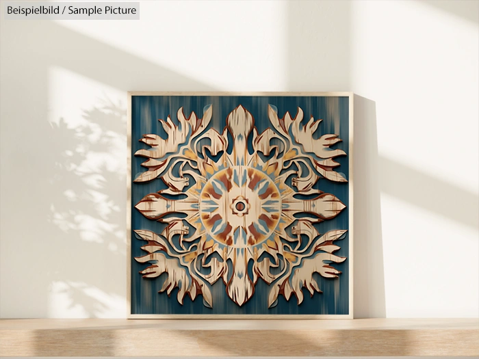 Intricate wooden mandala art with rich colors set against a teal background, displayed in natural lighting.