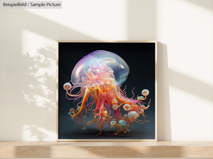 Framed digital art of a luminescent jellyfish with vibrant tentacles, displayed with shadowed wall lighting.