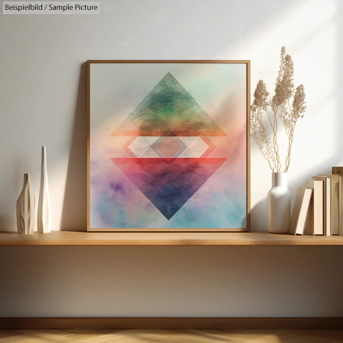 Abstract geometric art print with colorful layered triangles and squares, displayed on a wooden shelf with decor items.