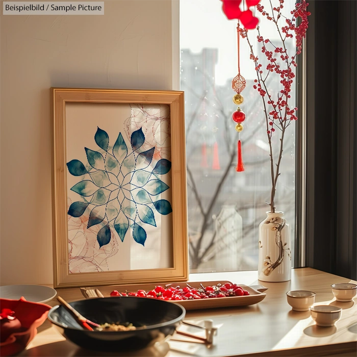 Framed blue floral artwork beside a window, with red berries and a vase. Sunlight casts a warm glow on the scene.