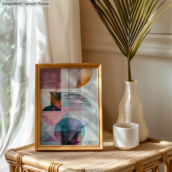 Framed abstract artwork on wicker table with ceramic vase and plant, set against a sunny window.