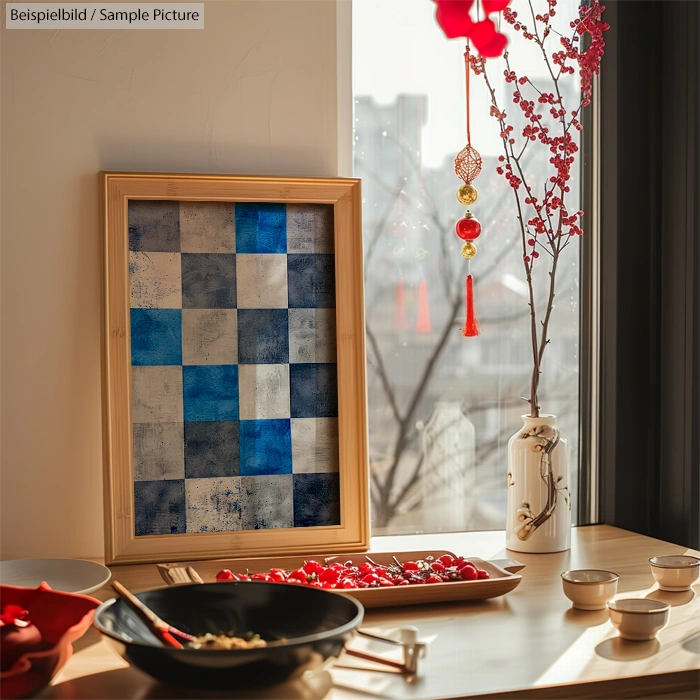 Framed abstract blue checkered artwork on table with vase and red decorations by sunny window.