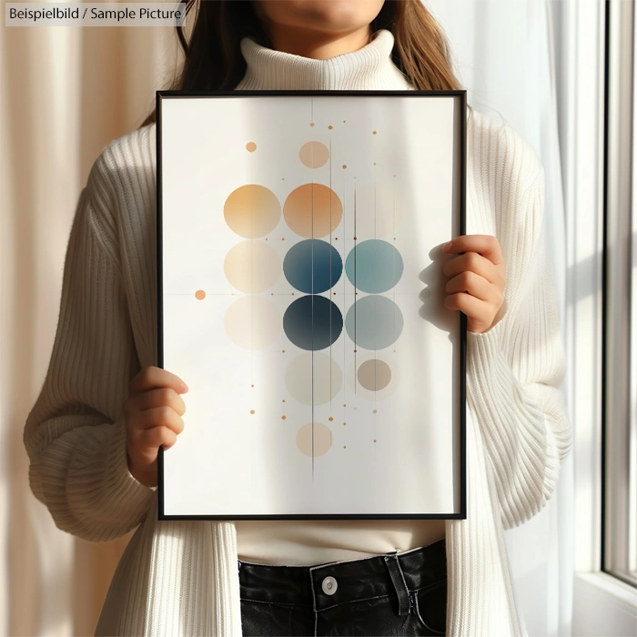 Woman holding a framed abstract art piece with overlapping circles in warm and cool hues.