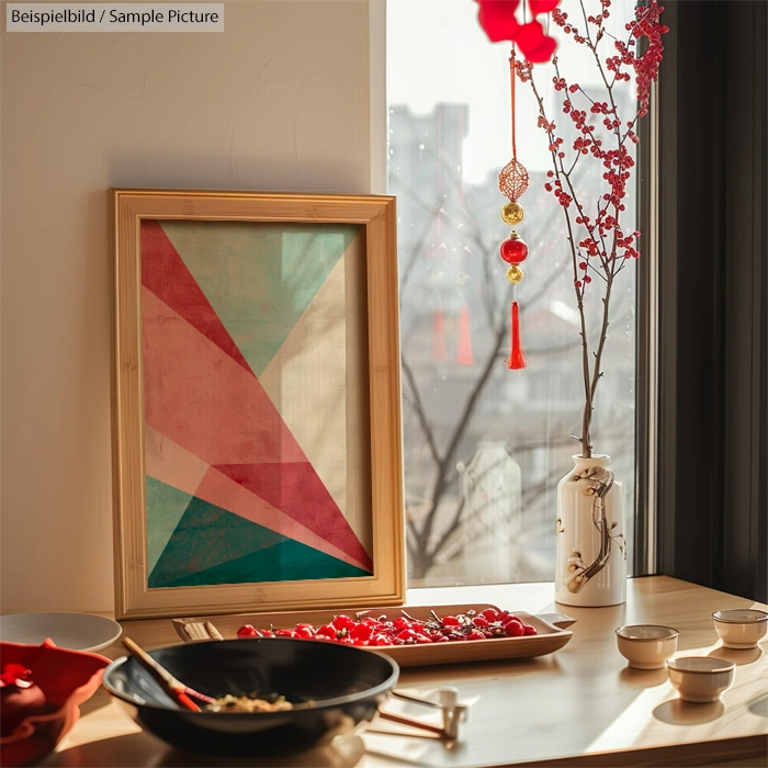 Framed geometric artwork on desk with festive decor, cherry blossoms in vase, and tray of red ornaments by sunny window.