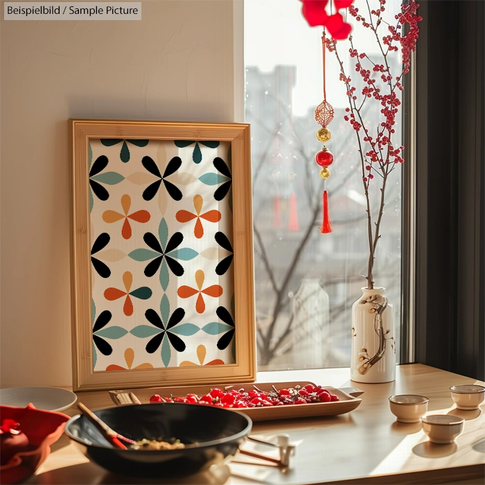 Table with colorful framed artwork, red flowers in vase, and festive decorations by a window.