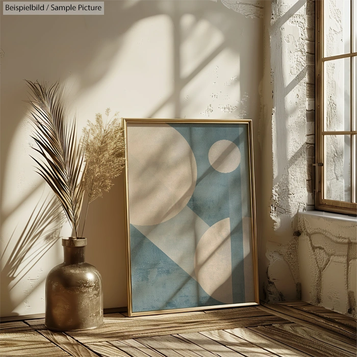 Modern minimalist geometric artwork with circles in a wooden frame, standing on a sunlit wooden floor.