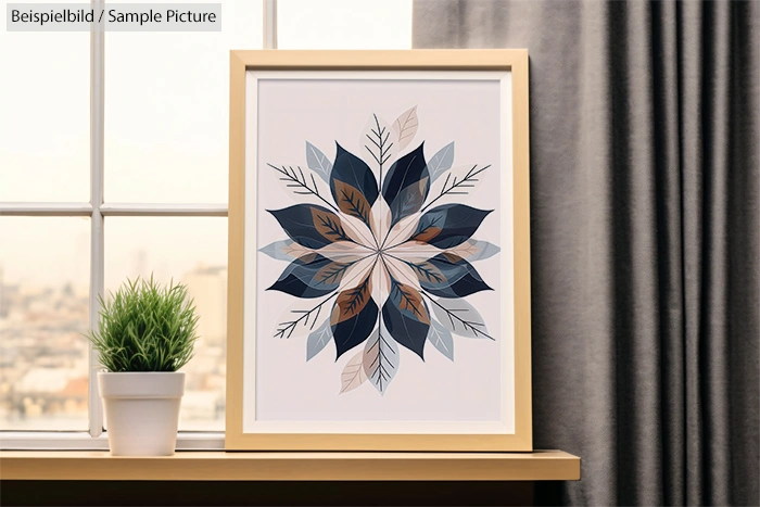 Framed botanical artwork with geometric leaf design in blue, brown, and gray tones, displayed on a windowsill.