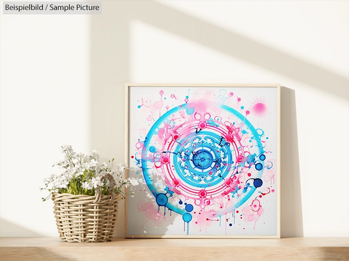 Abstract pink and blue circular art print displayed on a shelf beside a wicker basket of white flowers.