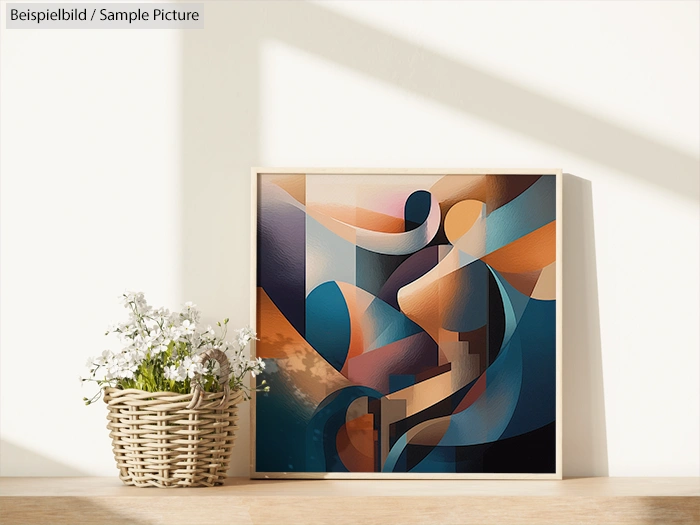 Abstract painting with blue and orange hues on a shelf next to a basket of white flowers.