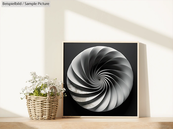 Modern black and white spiral art in wooden frame on shelf with white flowers in wicker basket.