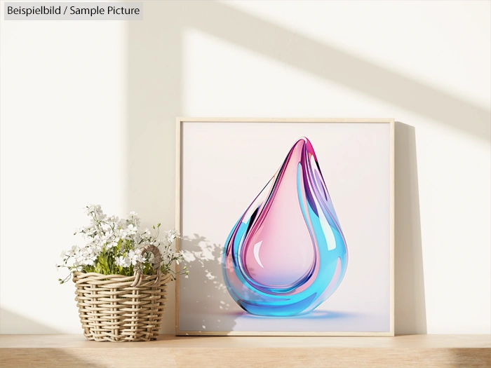 Glass sculpture with pink and blue hues next to a basket of white flowers on a wooden shelf.