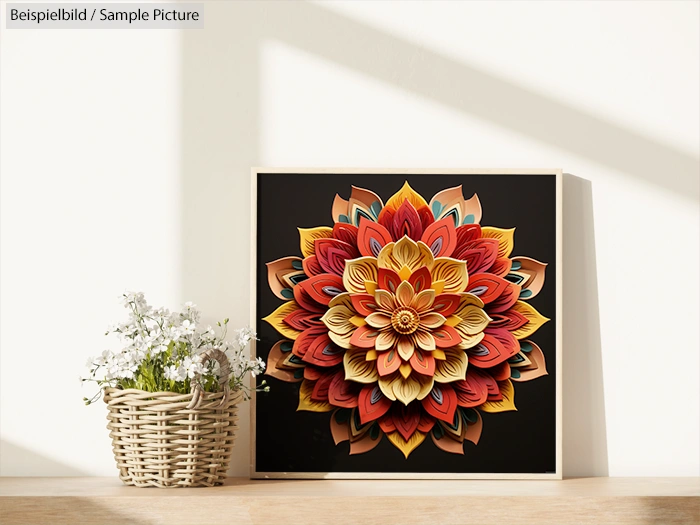 Wooden frame with colorful paper art flower next to a wicker basket with white flowers on a wooden shelf.