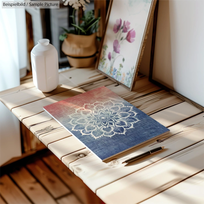 Wooden table with a notebook featuring a mandala, next to a pen, white vase, and floral art in a sunlit room.