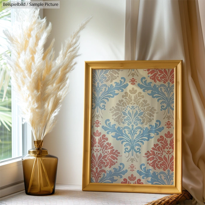 Framed floral patterned artwork beside decorative vase with pampas grass on a windowsill.