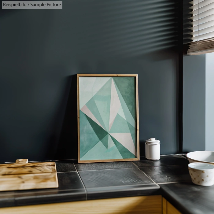 Minimalist kitchen with geometric abstract art on dark wall, wooden cutting board, and white spice jar.