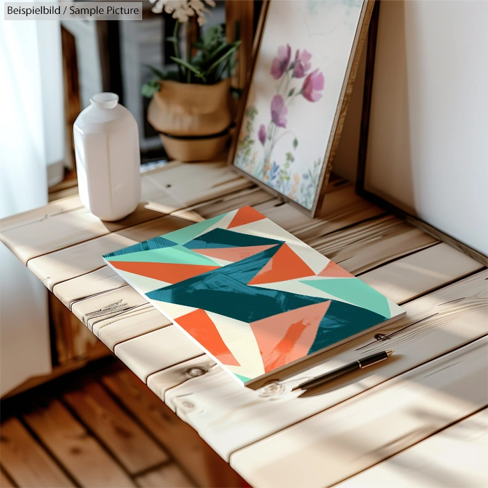 Colorful geometric pattern paper on a rustic wooden table with a white vase and decorative framed picture.