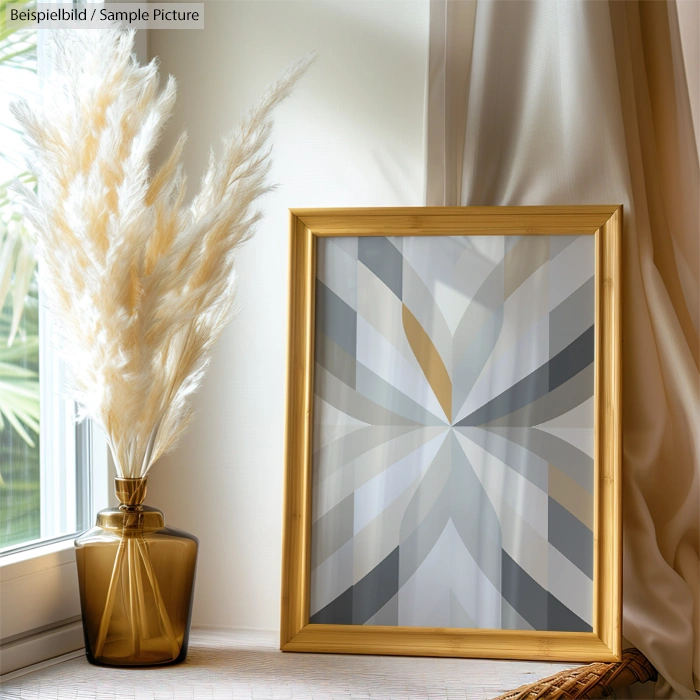 Geometric abstract artwork in gold frame on windowsill with dried pampas grass in vase.