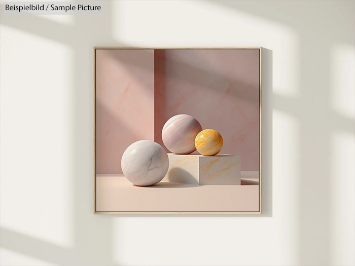 Abstract art of three marble spheres on a pink background, framed in gold, with soft shadows and warm lighting.