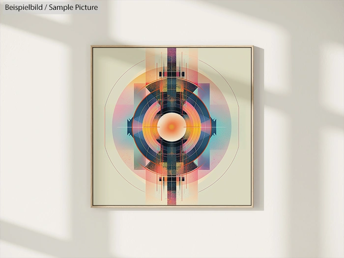 Colorful geometric abstract art with circular and linear patterns, framed on a wall with shadowed lighting.