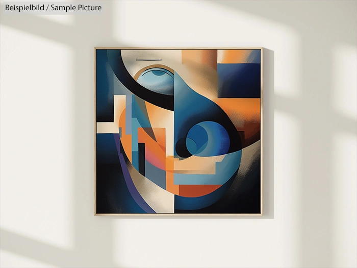 Abstract geometric painting with blue, orange, and beige shapes on a canvas against a sunlit wall.