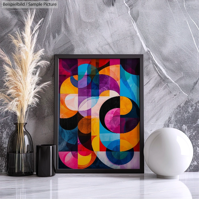 Colorful abstract geometric artwork in a black frame against marble-textured wall, with decorative vases and pampas grass.