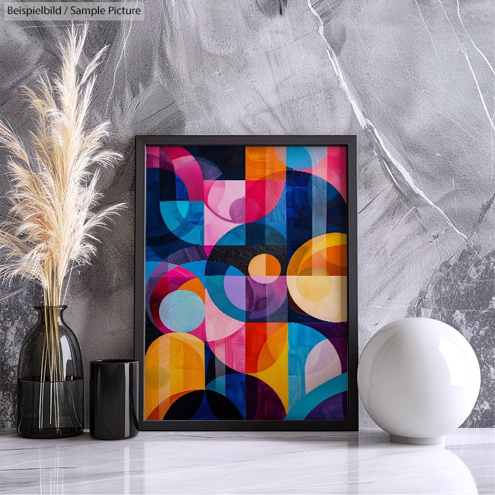 Geometric abstract painting with colorful circles and shapes in a black frame, displayed on marble background beside decor.