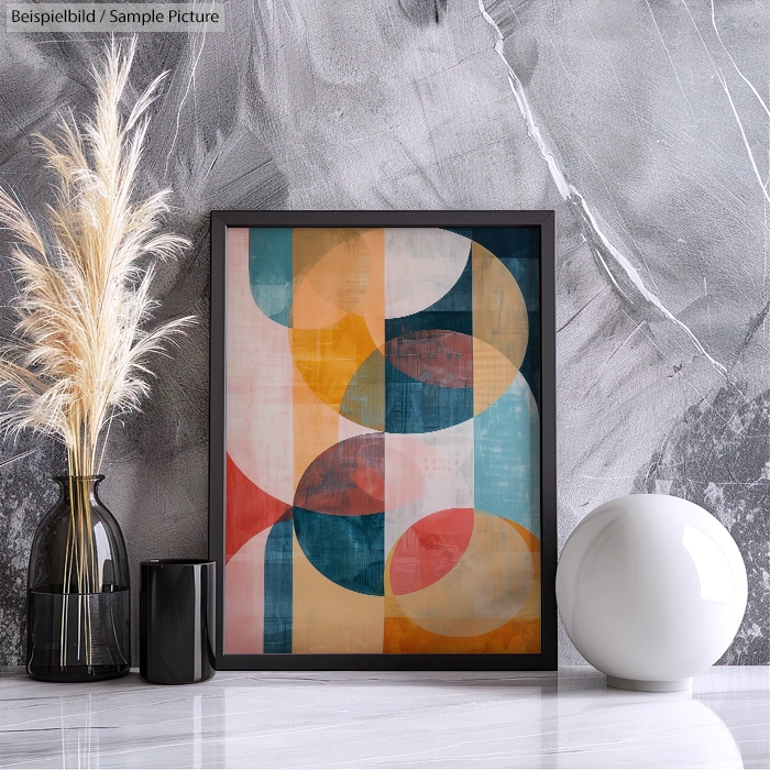 Modern abstract geometric art in a black frame on a marble shelf, decorated with vases containing tall grasses.