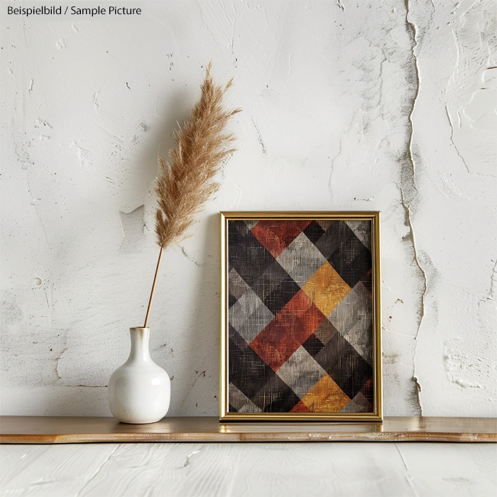 Gold-framed geometric art with red, orange, and gray patterns next to a vase with pampas grass against textured wall.