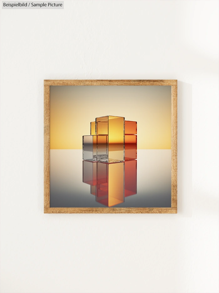 Modern abstract image of transparent cubes with warm light casting shadows, framed in wood, on white wall.