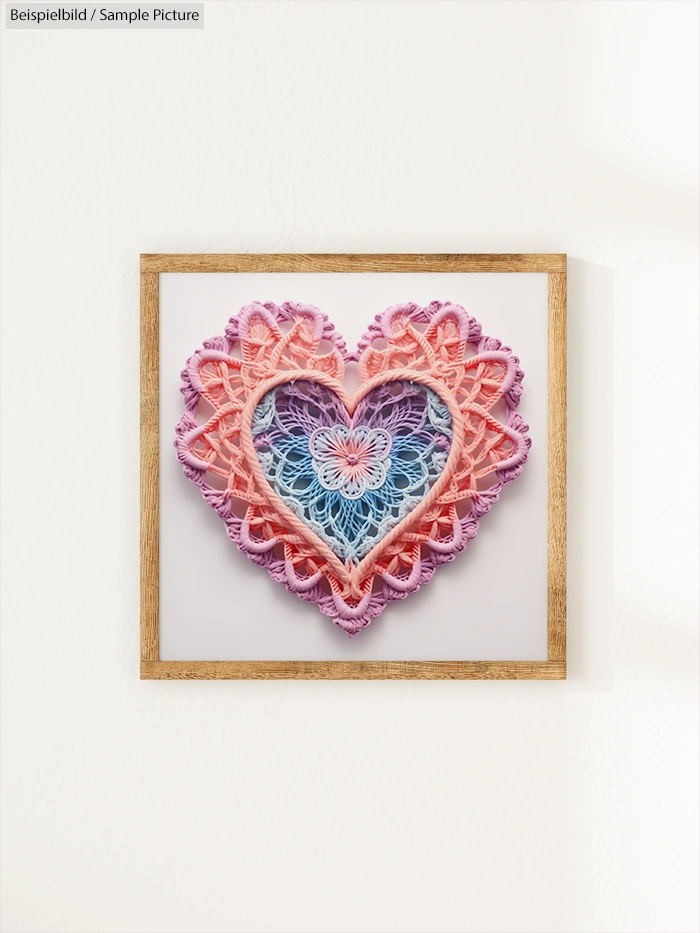 Framed heart-shaped string art with pastel yarn in pink, purple, and blue hues on a white background.