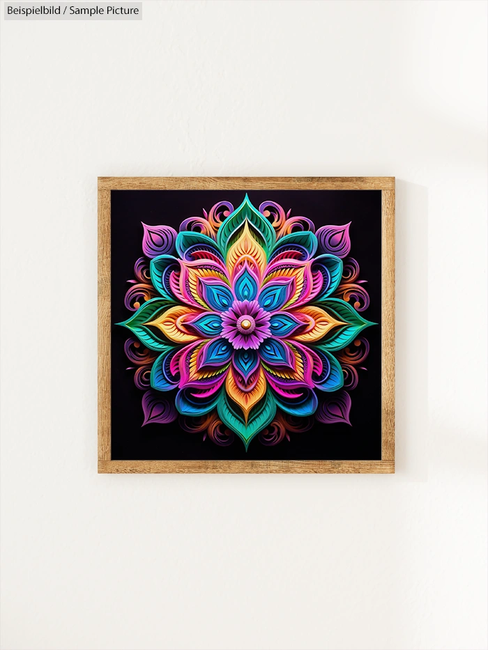 Colorful abstract mandala design in a wooden frame on a white wall.