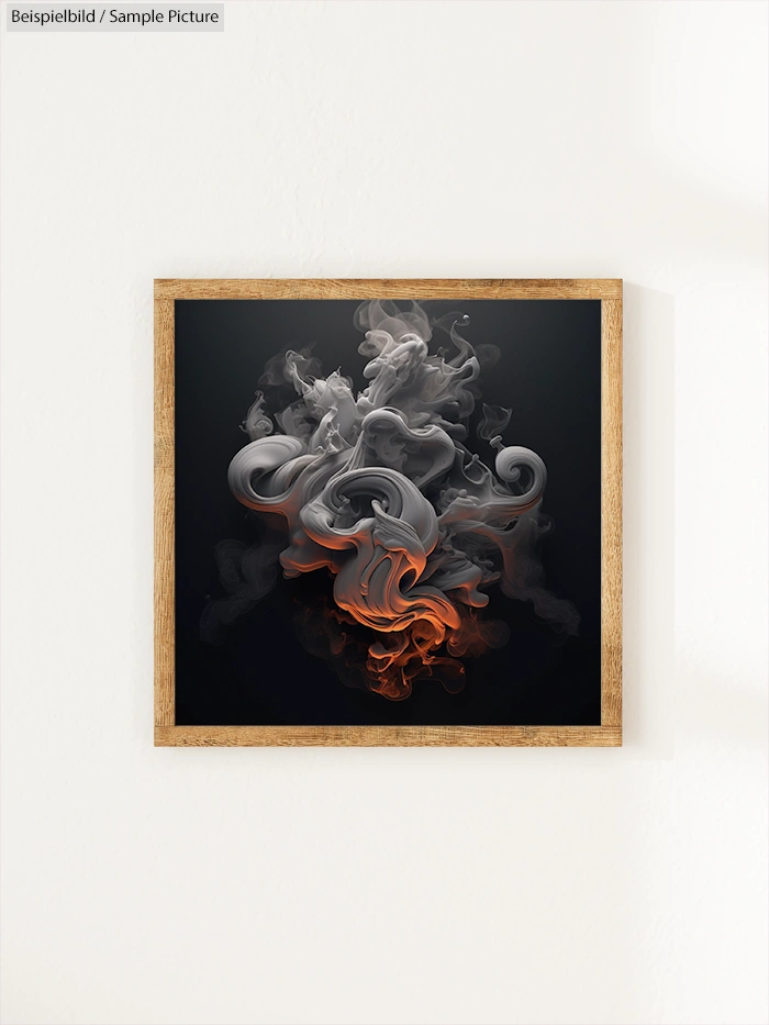 Framed abstract artwork with swirling gray and orange smoke patterns on a black background.