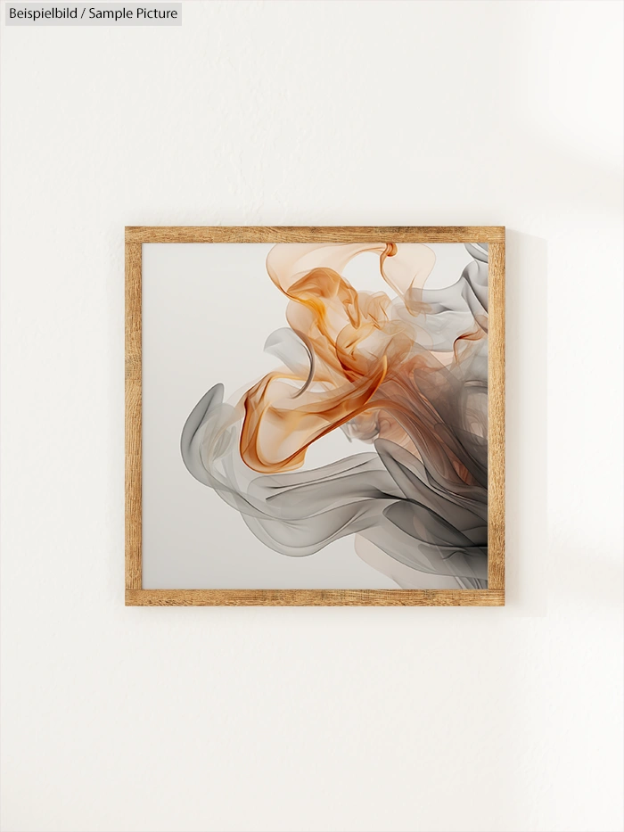 Framed abstract artwork with swirling orange and gray smoke patterns on a white wall.